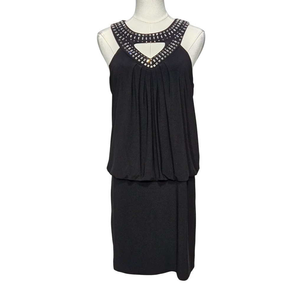 NWT CACHE Stunning Black Embellished Neckline Keyhole Blouson Dress